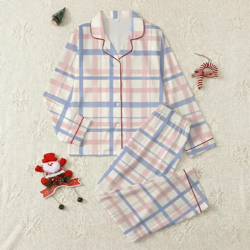 Kids' Soft Pastel Blue Pink Cream Wide Plaid Geometric Grid Pattern Satin Pajamas Set