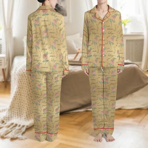 Bridal Party Members' Elegant Champagne Gold Peachy-Pink Rose & Sage Leaf Pattern with Charcoal Script Satin Pajamas Set