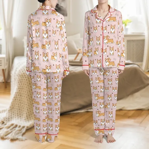 Corgi Lovers' Playful Cartoon Corgi Pattern with Tan Cream and Brown Hues, Bone Shapes, and Paw Prints on Pastel Pink Satin Pajamas Set