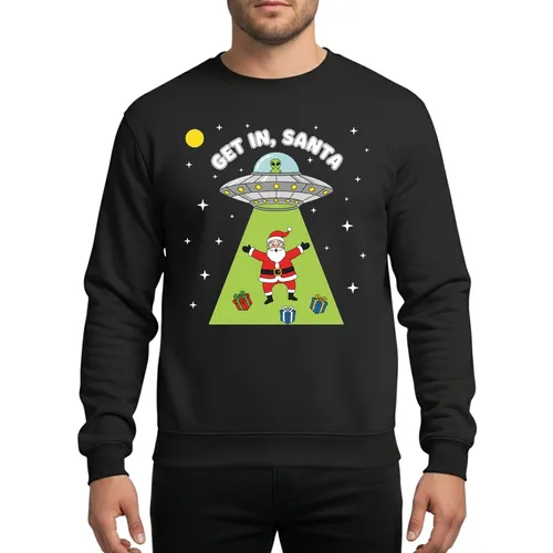 Funny Xmas Alien UFO Abduction: Get In Santa Flying Saucer Design Sweatshirt