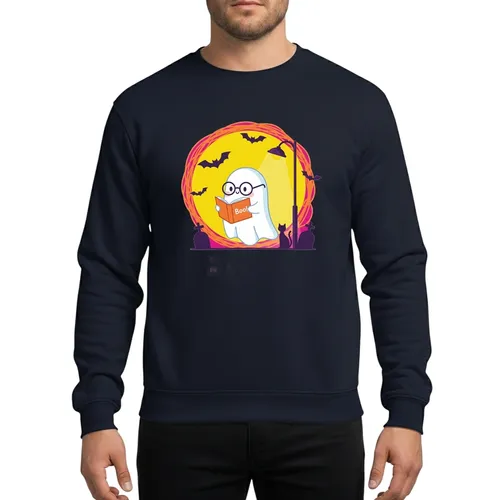 Booooks Funny Ghost Reading Orange Book Halloween Teacher Library Full Moon Bat & Cat Scene Sweatshirt