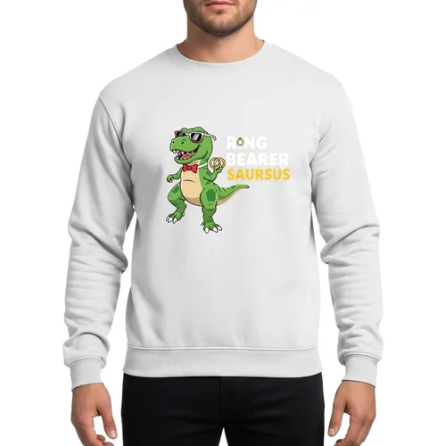 Kids Boys T-Rex Ring Bearer Saurus Wedding Dinosaur Gold Rings Red Bow Tie Sweatshirt