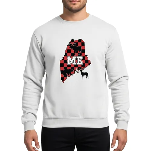 Maine ME State Outline Red Black Plaid Moose Bear Deer Wildlife Winter Christmas Gift Sweatshirt