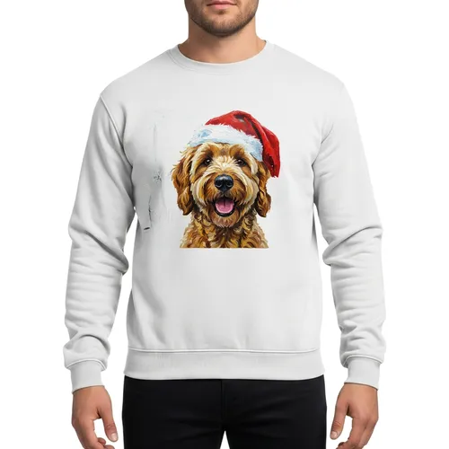 Textured Goldendoodle Santa Dog Portrait, Starry Night Impasto Christmas Snowflakes Sweatshirt