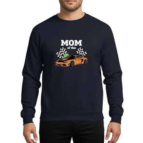 Mom of Birthday Boy Racing Orange Sports Car Checkered Flags Distressed Typography Sweatshirt