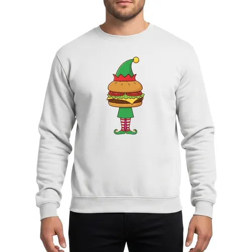 Whimsical Cheeseburger Elf Family Matching Holiday Outfit: Cartoon Foodie Character with Striped Legs Sweatshirt