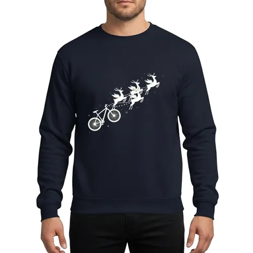 Dynamic Flying Reindeer Mountain Bike Cycle Holiday Presents | Minimalist Vector Stars Snowflakes Sweatshirt