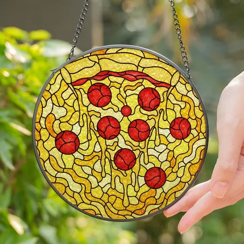 Pizza Lovers' Vibrant Stained Glass Pepperoni Pizza Art with Melted Cheese & Golden Crust Mosaic Stained Glass Suncatcher