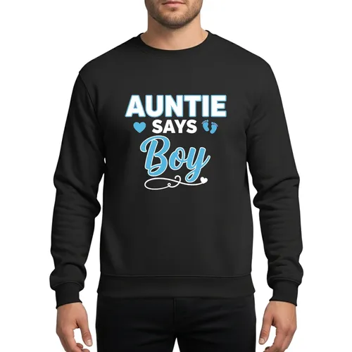 Auntie Says Boy Gender Reveal Announcement Light Blue White Script Heart Footprint Sweatshirt