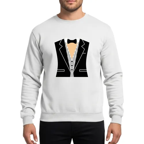 Funny Ladies V-Neck Tuxedo Graphic Black Bow Tie White Lapels Formal Party Sweatshirt