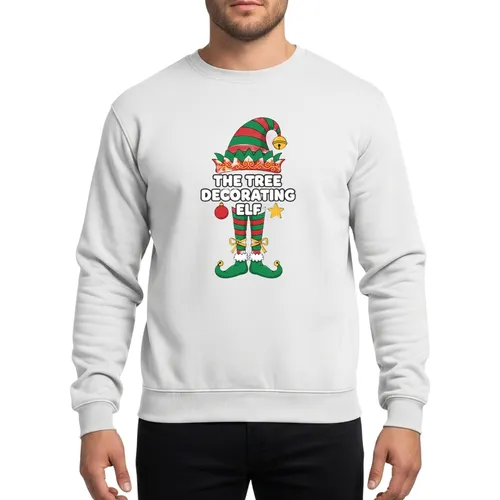 Whimsical Tree Decorating Elf Family Group Golden Bell & Striped Shoes Christmas Sweatshirt