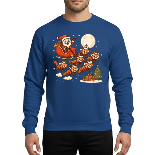 Whimsical Christmas Santa Sleigh Ride with Eight Antlered Red Pandas Snowy Tree Scene Sweatshirt