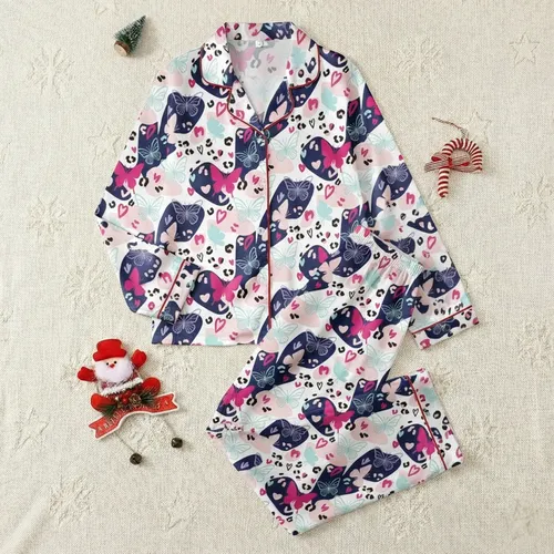 4pc Women's Spaghetti Strap Sleep Loungewear - Whimsical Pink Butterfly, Navy Leopard & Heart Mosaic Print Satin Pajamas Set