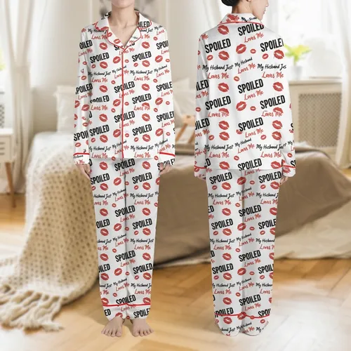 Women's White All-Season Casual Lounging Piece with 'I Am Not Spoiled My Husband Just Loves Me' Text & Red Kiss Prints Satin Pajamas Set