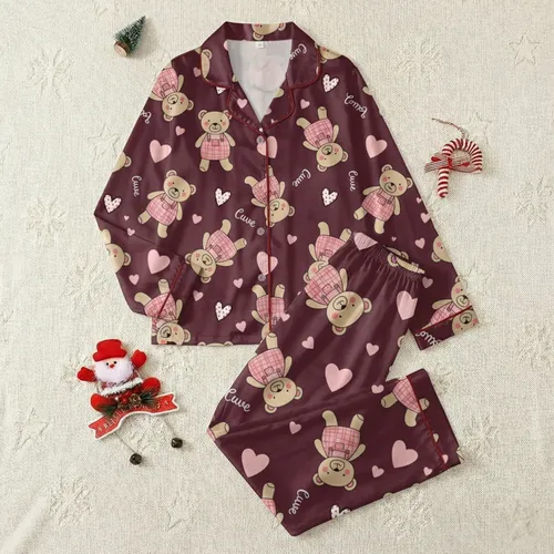 Women's Summer Spaghetti Strap Knit Pajamas: Cute Hand-Drawn Teddy Bear & Plaid Overalls Pattern Satin Pajamas Set