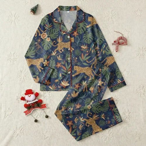 Nature Lover's Sapphire Jungle Leopard & Tropical Foliage Two-Piece Sleep Set Satin Pajamas Set