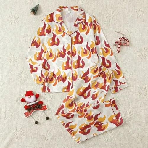 Women's Cozy Interlocking Flame Cloud Long Sleeve High Collar Fleece Pajama Set Satin Pajamas Set