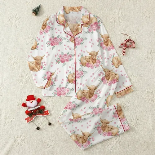 Women's Whimsical Highland Cow Rose Blossom Watercolor Sleep & Lounge Ensemble Satin Pajamas Set
