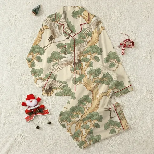 Women's Off-White Crane & Ancient Tree Pajamas: Asian Art Print Sleep Loungewear Satin Pajamas Set