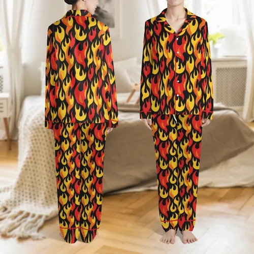 Women's Fiery Flame Art with Thermal Ribbed Detail: Plush V-Neck Long Sleeve Pajama Satin Pajamas Set