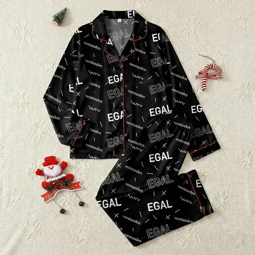 Women's Autumn/Winter Trendy Black & White Egal Verstanden Typographic Sleep Set Satin Pajamas Set