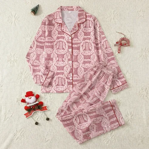 Ladies' Rose Pink Fuzzy Knit Cable Pattern Warm Thick Velvet Lined Loungewear Satin Pajamas Set