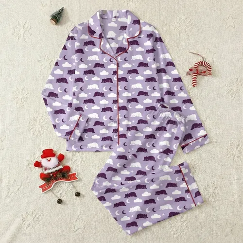 Women's Cozy Lavender Sleeping Bear & Cloud Moon Flannel Fleece Loungewear Set Satin Pajamas Set