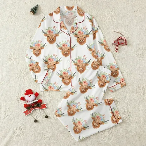Women's Watercolor Highland Cow Wildflower Pattern Cozy Loungewear Set: Shaggy Fur & Floral Accent Satin Pajamas Set