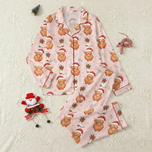 Coquette Christmas Pajama Top: Watercolor Highland Cow, Santa Hat & Holly Boots Satin Pajamas Set