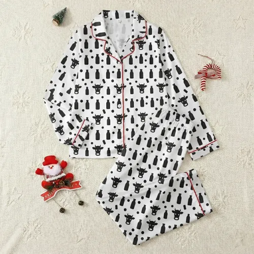 Cow Lovers Unisex Comfy Relaxed Fit Black & White Abstract Cow Spot, Head & Milk Bottle Pattern Jersey Knit Pajamas Satin Pajamas Set