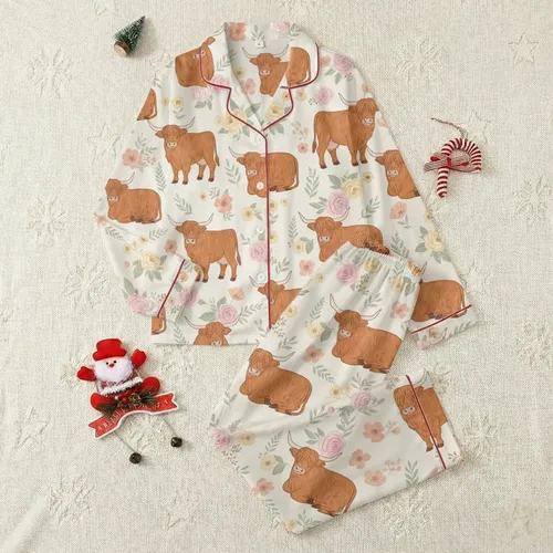 Baby Girls 6-12 Months: Rustic Highland Cow Wildflower Sleep Set Satin Pajamas Set