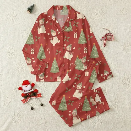 Family Christmas Pajamas: Whimsical Snowman Tree Pattern - Festive Red Holiday Sleep Set Satin Pajamas Set