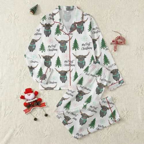 Highland Cow Christmas: Rustic Hand-Drawn Evergreen, Pastel Snowflakes & Script Text Wearable Satin Pajamas Set