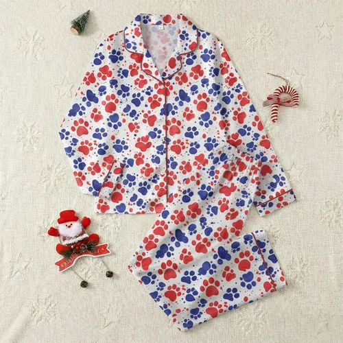 Dog Lover Mom's Scarlet Red Indigo Blue Watercolor Paw Print All-Over Satin Short-Sleeve Pajamas Set Satin Pajamas Set