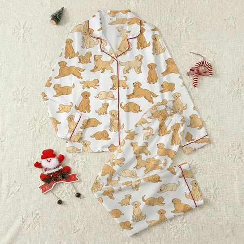 Golden Retriever Lover Satin Short-Sleeve Sleep Set: Cheerful Flat Dog & Puppy Print Satin Pajamas Set