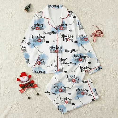 Hockey Mom Distressed Blue Ice Pucks Sticks Script Red O Accent Top Satin Pajamas Set