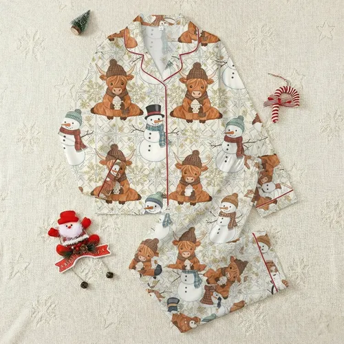 Cozy Winter Highland Cow & Snowman Pajamas: Plaid Hats, Hot Cocoa, Snowflake Pattern Satin Pajamas Set