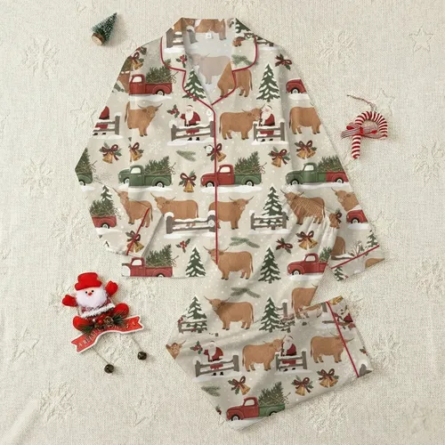 Festive Winter Pajamas: Rustic Santa & Shaggy Highland Cow Farmhouse Design Satin Pajamas Set