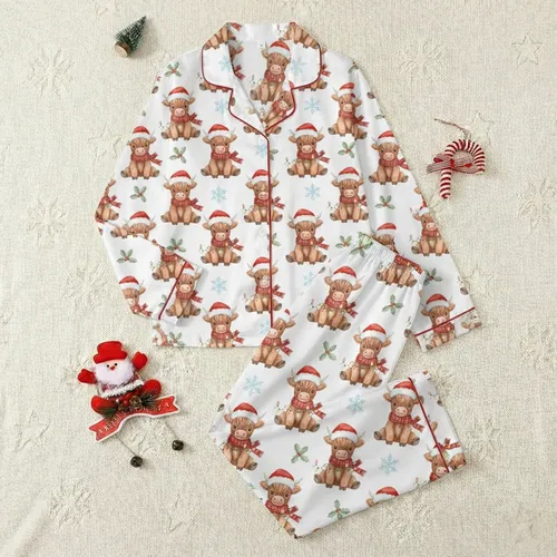 Kids Custom Name Christmas Pajamas: Whimsical Santa Highland Cow Plaid Lights Sleep Set Satin Pajamas Set