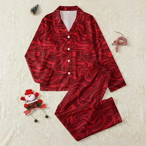 Women's All-Season Ruby Red Abstract Silk Pattern Polyester V-Neck Shorts Pajama Set Satin Pajamas Set