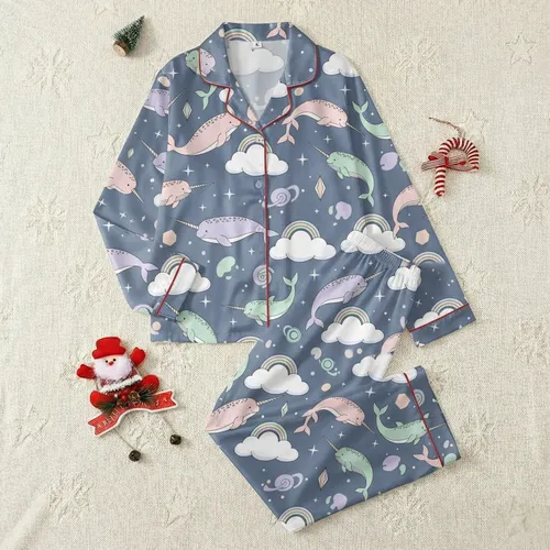 Narwhal Lovers' Dreamy Pastel Rainbow Marine Canvas Low Top Sneakers Satin Pajamas Set