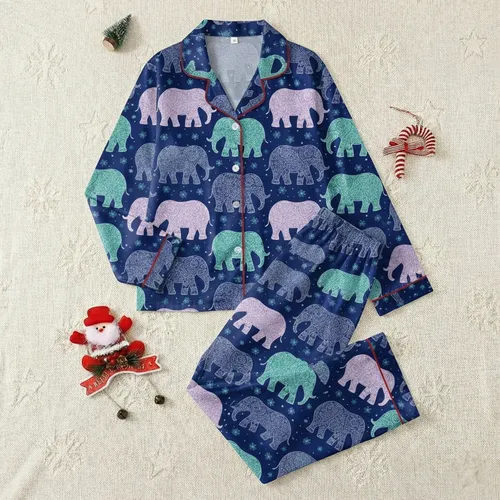 Women's & Kids' Elephant Pajamas: Detailed Sapphire Teal Lavender Zentangle Pattern Sleep Set Satin Pajamas Set