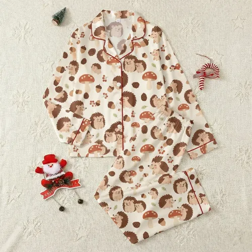 Hedgehog Lover Pajamas: Cute Woodland Animals & Mushroom Berry Print Sleep Set Satin Pajamas Set