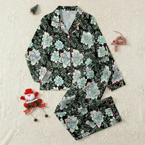 Succulent Lover's Custom Muted Teal Floral Watercolor Laptop Carryall Satin Pajamas Set