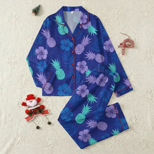 Pineapple Enthusiast's: Indigo Teal Lavender Tropical Canvas Print Low Top Footwear Satin Pajamas Set