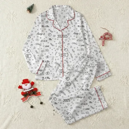 Bridal Personalized Name & Date Wedding Ring Script Canvas Platform Low Top Sneakers Satin Pajamas Set