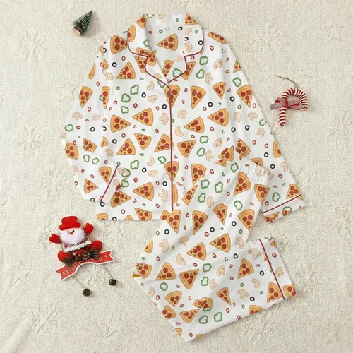 Pizza Enthusiast All-Over Cartoon Pepperoni Slice & Toppings Low Top Canvas Shoes Satin Pajamas Set