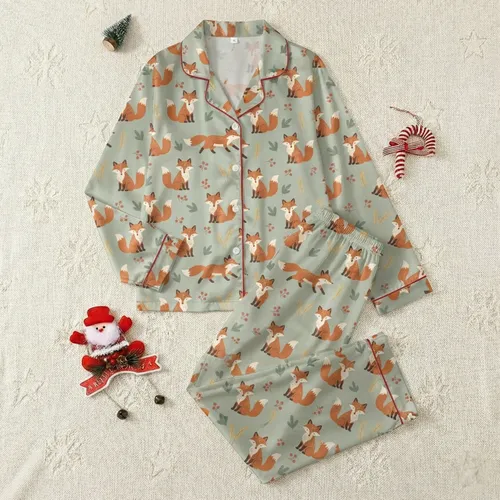 Cozy Fox Lover's Sage Green Whimsical Burnt Orange Fox Pattern Sleep Set Satin Pajamas Set
