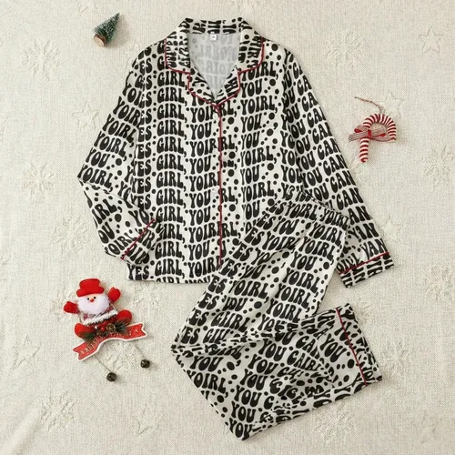 Women's 'Yes Girl You Can' Groovy Black Text Cream Empowerment Pajama Set Satin Pajamas Set