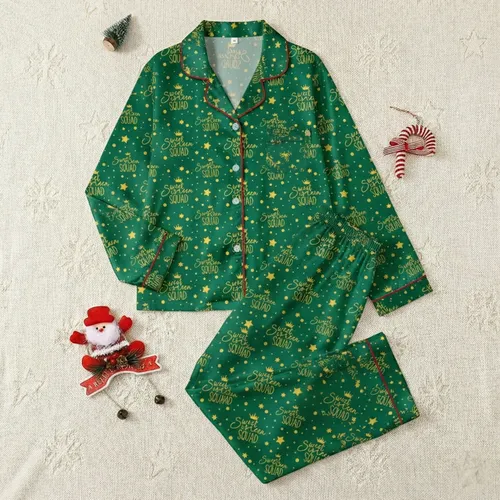 Sweet Sixteen Personalized Satin Pajamas: Emerald Green 'SQUAD' Print - Golden Crown Star Sleep Set Satin Pajamas Set